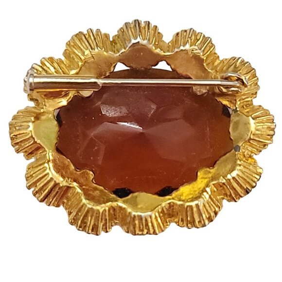 Gold Tone Rhinestone Flower Faceted Topaz Glass Trombone Clasp Cameo Brooch M755 - Picture 4 of 8